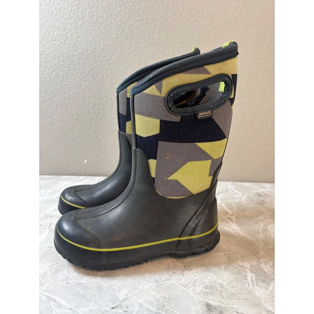 Bogs Kids Classic Geo Waterproof Insulated Rain Boots Grey Yellow 71996-469